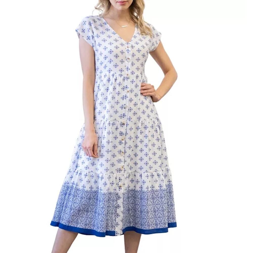 NWT Blue Pepper Geometric Print Midi Dress Blue White Tiered V-Neck Summer Sz M